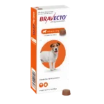 An orange box of Bravecto Small Dog (4.5 - 10 kg) chewable tablet for 3 months of flea and tick protection.