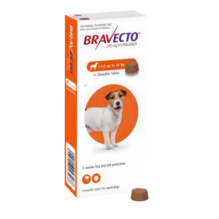An orange box of Bravecto Small Dog (4.5 - 10 kg) chewable tablet for 3 months of flea and tick protection.