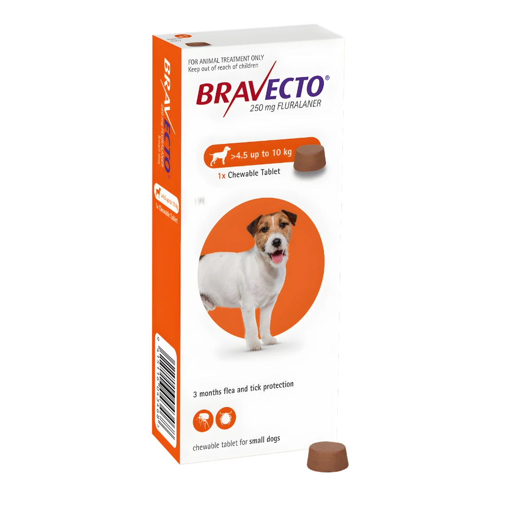 An orange box of Bravecto Small Dog (4.5 - 10 kg) chewable tablet for 3 months of flea and tick protection.
