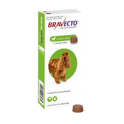 A green box of Bravecto Medium Dog (10 - 20 kg) chewable tablet for 12 weeks of powerful flea and tick protection.
