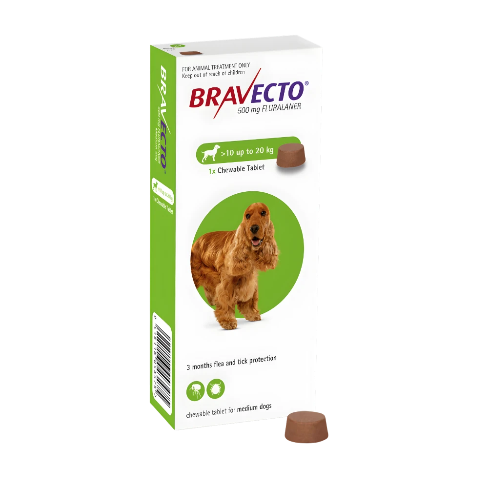 A green box of Bravecto Medium Dog (10 - 20 kg) chewable tablet for 12 weeks of powerful flea and tick protection.