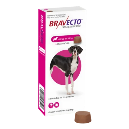 A pink box of Bravecto Extra Large Dog (40 - 56 kg) chewable tablet for 12 weeks of flea and tick protection for giant breeds.