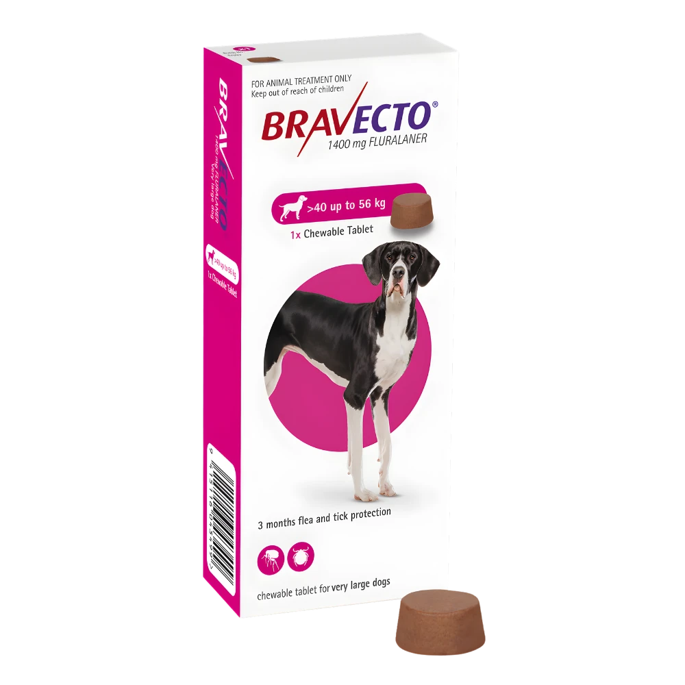 A pink box of Bravecto Extra Large Dog (40 - 56 kg) chewable tablet for 12 weeks of flea and tick protection for giant breeds.