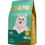 Alpha Adult Cat Dry Food, clearly showing the brand, product name, and a happy, healthy adult cat (could be a mixed breed or a common breed like a Domestic Shorthair or Persian) on the packaging.