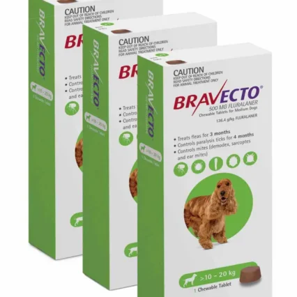 Single Bravecto for medium dog breeds weighing 10 to 20 kg, shown next to its original packaging,