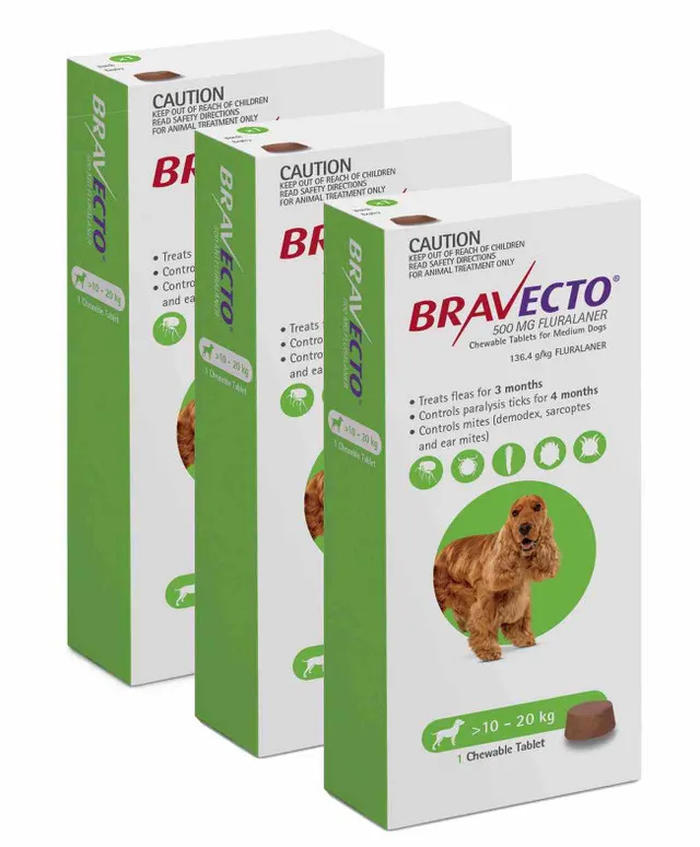 Single Bravecto for medium dog breeds weighing 10 to 20 kg, shown next to its original packaging,