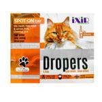 An IXIR Droppers Spot-On pipette for cats, displayed with its packaging, with a serene, healthy cat in the background, symbolizing effective parasite control for felines