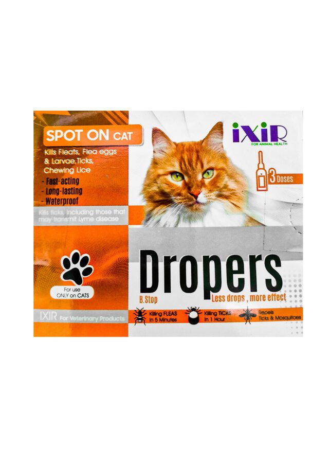 An IXIR Droppers Spot-On pipette for cats, displayed with its packaging, with a serene, healthy cat in the background, symbolizing effective parasite control for felines
