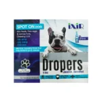 An IXIR Droppers Spot-On pipette for dogs, shown alongside its packaging, with a happy, healthy dog (representing various sizes) in the background, signifying effective parasite protection.