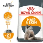 A bag of ROYAL CANIN® HAIR & SKIN Cat Dry Food, clearly showing the brand, product name, and an image of a cat with a visibly healthy, shiny coat.