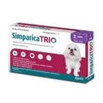 A single Simparica Trio for small dogs weighing 2.5 to 5 kg, showing the liver-flavored tablet next to its packaging, with a happy Chihuahua or Yorkshire Terrier in the background, representing health and vitality