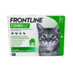 A box of Frontline Combo Cat Spot-On containing 3 pipettes, designed to eliminate fleas, ticks, and biting lice while protecting the home environment.
