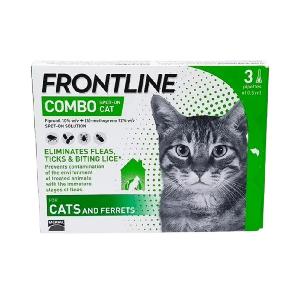 A box of Frontline Combo Cat Spot-On containing 3 pipettes, designed to eliminate fleas, ticks, and biting lice while protecting the home environment.
