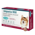 A box of Simparica Trio Medium Dog 10-20kg, an all-in-one chewable tablet that protects dogs against fleas, ticks, heartworms, roundworms, and hookworms.