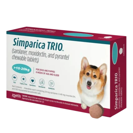 A box of Simparica Trio Medium Dog 10-20kg, an all-in-one chewable tablet that protects dogs against fleas, ticks, heartworms, roundworms, and hookworms.