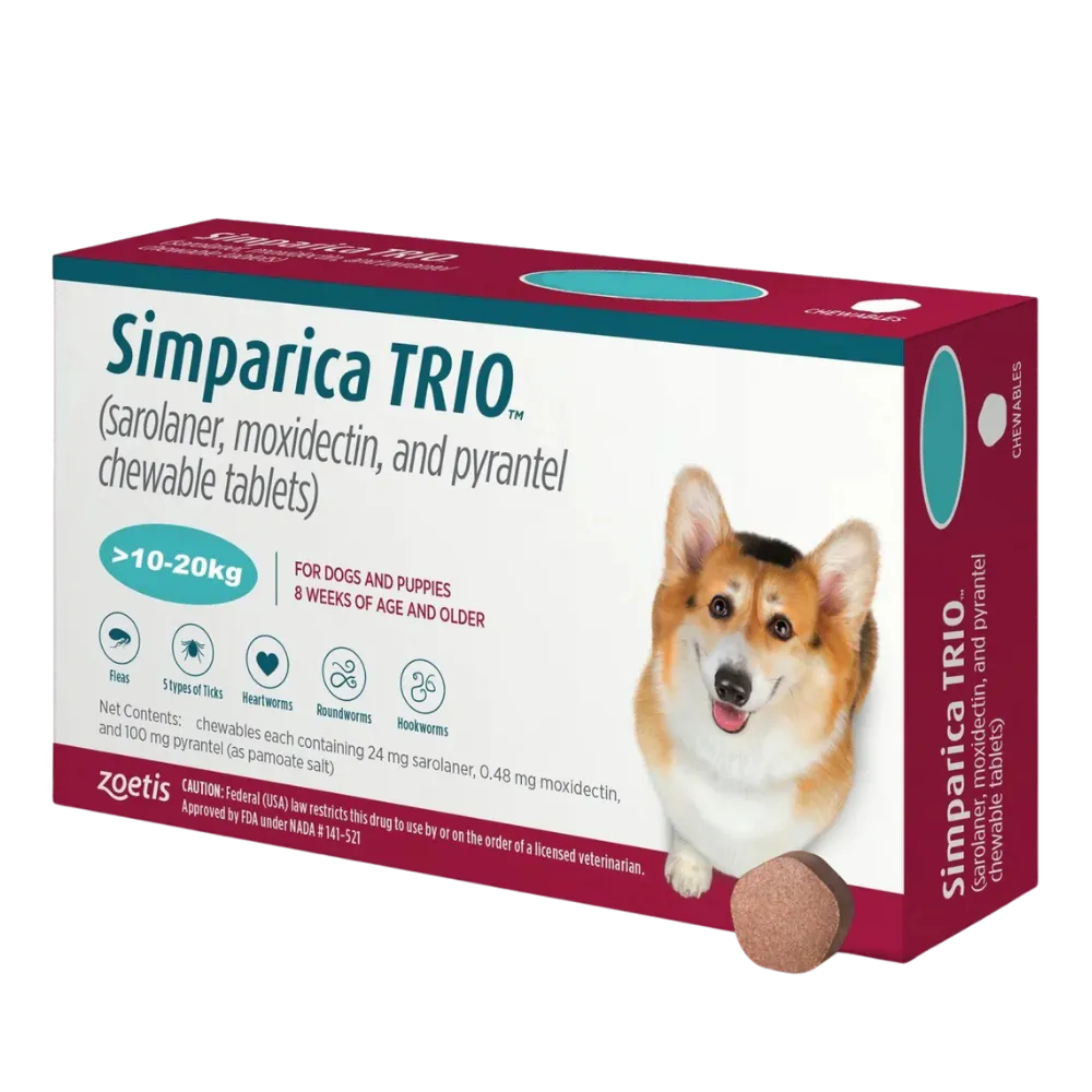 A box of Simparica Trio Medium Dog 10-20kg, an all-in-one chewable tablet that protects dogs against fleas, ticks, heartworms, roundworms, and hookworms.
