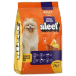 Aleef Adult Small & Toy Dry Dog Food, clearly showing the brand, product name, and a happy small or toy breed dog (e.g., a Pug or a Shih Tzu) on the packaging.