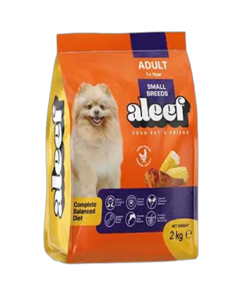 Aleef Adult Small & Toy Dry Dog Food, clearly showing the brand, product name, and a happy small or toy breed dog (e.g., a Pug or a Shih Tzu) on the packaging.
