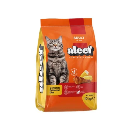 A bag (e.g., 10kg or 20kg) of Aleef Adult Cat Dry Food, clearly showing the brand, product name, and a happy, healthy adult cat (could be a mixed breed or a common breed like a Domestic Shorthair or Persian) on the packaging.