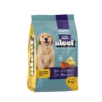 A bag (e.g., 10kg) of Aleef Large Breed Puppy Dry Dog Food, clearly showing the brand, product name, and a happy, healthy large breed puppy (e.g., a Labrador puppy or German Shepherd puppy) on the packaging.