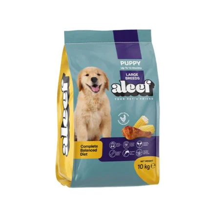 A bag (e.g., 10kg) of Aleef Large Breed Puppy Dry Dog Food, clearly showing the brand, product name, and a happy, healthy large breed puppy (e.g., a Labrador puppy or German Shepherd puppy) on the packaging.
