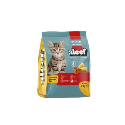A bag (e.g., 2kg) of Aleef Kitten Dry Food, clearly showing the brand, product name, and a playful, healthy kitten (could be a mixed breed or a common kitten breed) on the packaging.