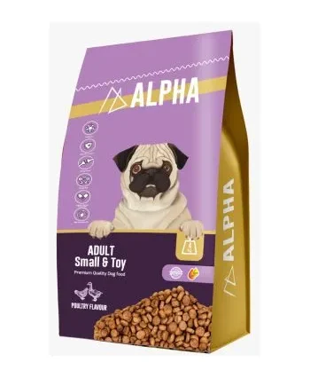 A 4kg bag of Alpha Adult Small & Toy Dry Dog Food, clearly showing the brand, product name, and a happy small or toy breed dog on the packaging.