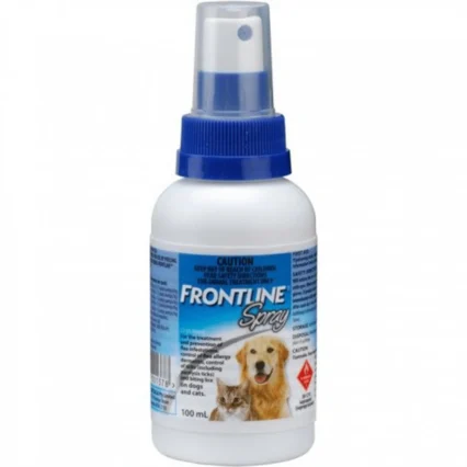 A bottle of Frontline Spray 100ml, an instant-acting flea and tick treatment safe for dogs, cats, puppies, and kittens from 2 days old.