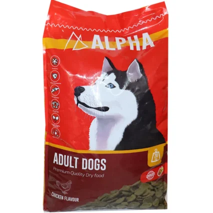 A 20kg bag of Alpha Adult Dry Dog Food, clearly showing the brand, product name, and a happy, healthy adult dog