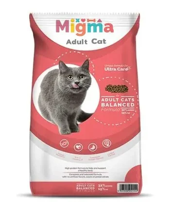A bag (e.g., 20kg or a representative mid-size bag) of Migma Adult Cat Dry Food, clearly showing the brand, product name, and a happy, healthy adult cat on the packaging, possibly highlighting the chicken and salmon flavors.