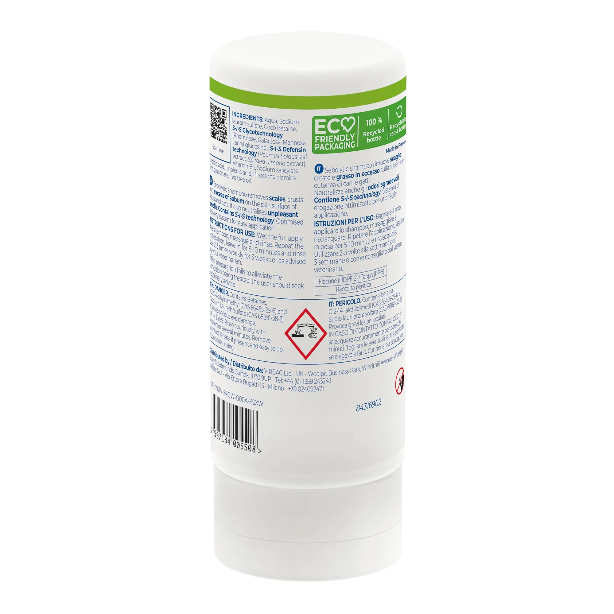 Virbac Sebolytic dermatological shampoo bottle for dogs and cats, 250 ml, with white packaging and green-blue label.