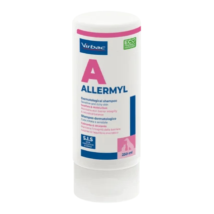 Front and back view of a 250ml bottle of Virbac Allermyl Dermatological Shampoo for dogs and cats with sensitive and itchy skin, highlighting S.I.S technology and eco-friendly packaging.