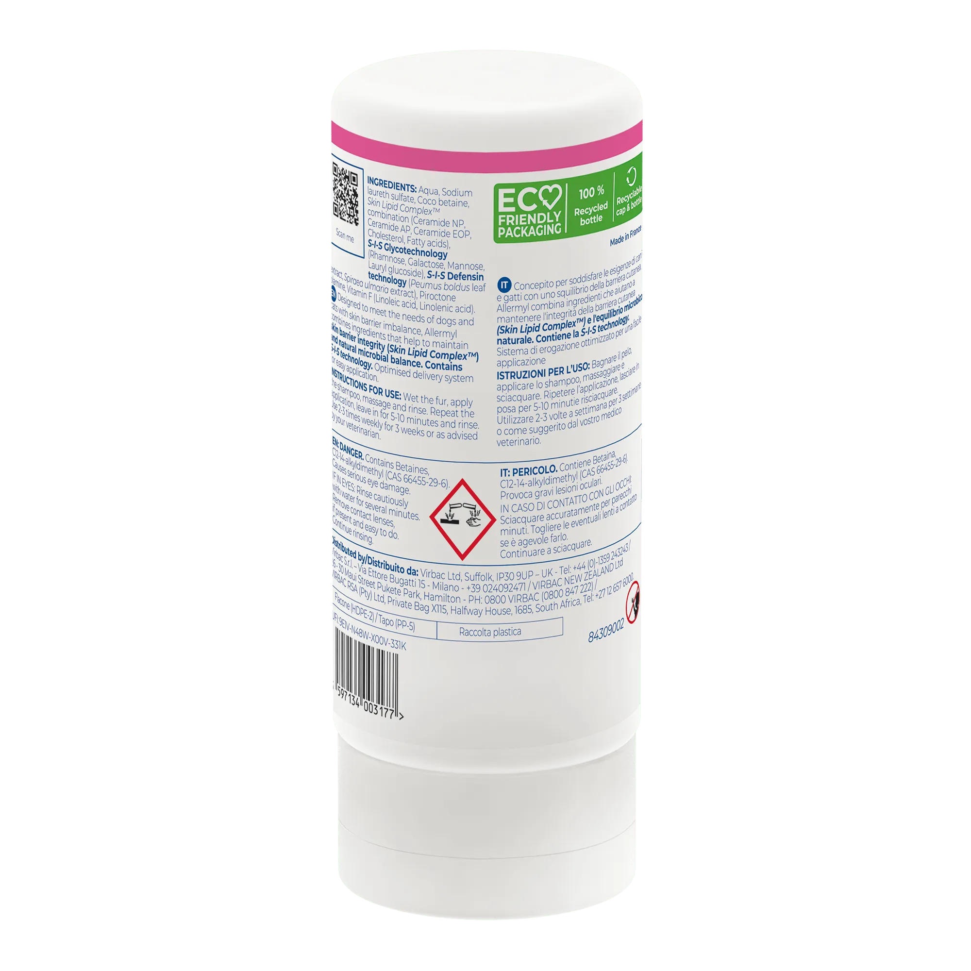 Virbac Allermyl dermatological shampoo bottle for dogs and cats, 250 ml, with white packaging and pink-blue label.