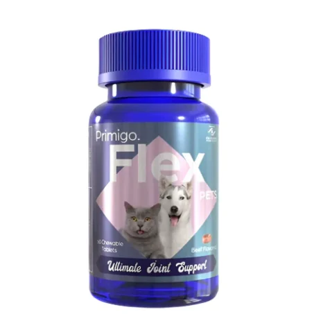 A blue bottle of Primigo Flex Pets Joint Support containing 60 beef-flavored chewable tablets for dogs and cats.