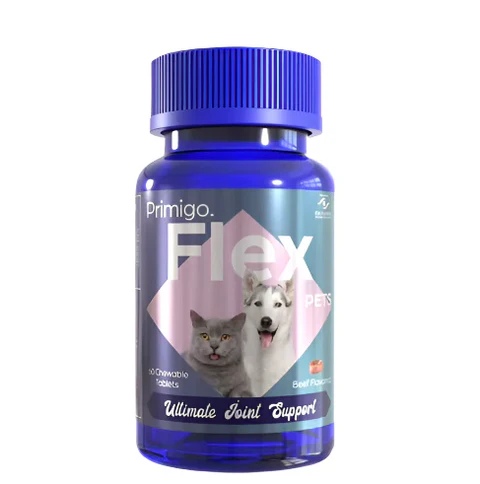 A blue bottle of Primigo Flex Pets Joint Support containing 60 beef-flavored chewable tablets for dogs and cats.