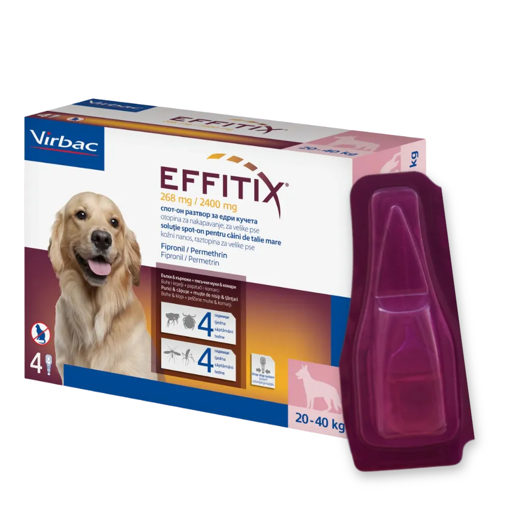 A box of Virbac Effitix Large Dog (20 - 40 kg), a spot-on treatment designed to kill fleas, ticks, and repel mosquitoes for large breeds.
