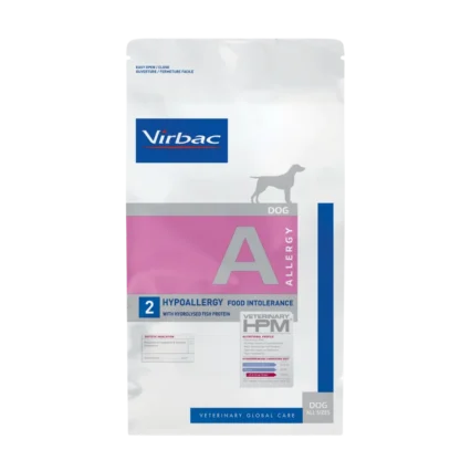 A white bag of Virbac Veterinary HPM Dog Allergy 2 Hypoallergy Food Intolerance dry dog food, featuring hydrolysed fish protein for dogs of all sizes.