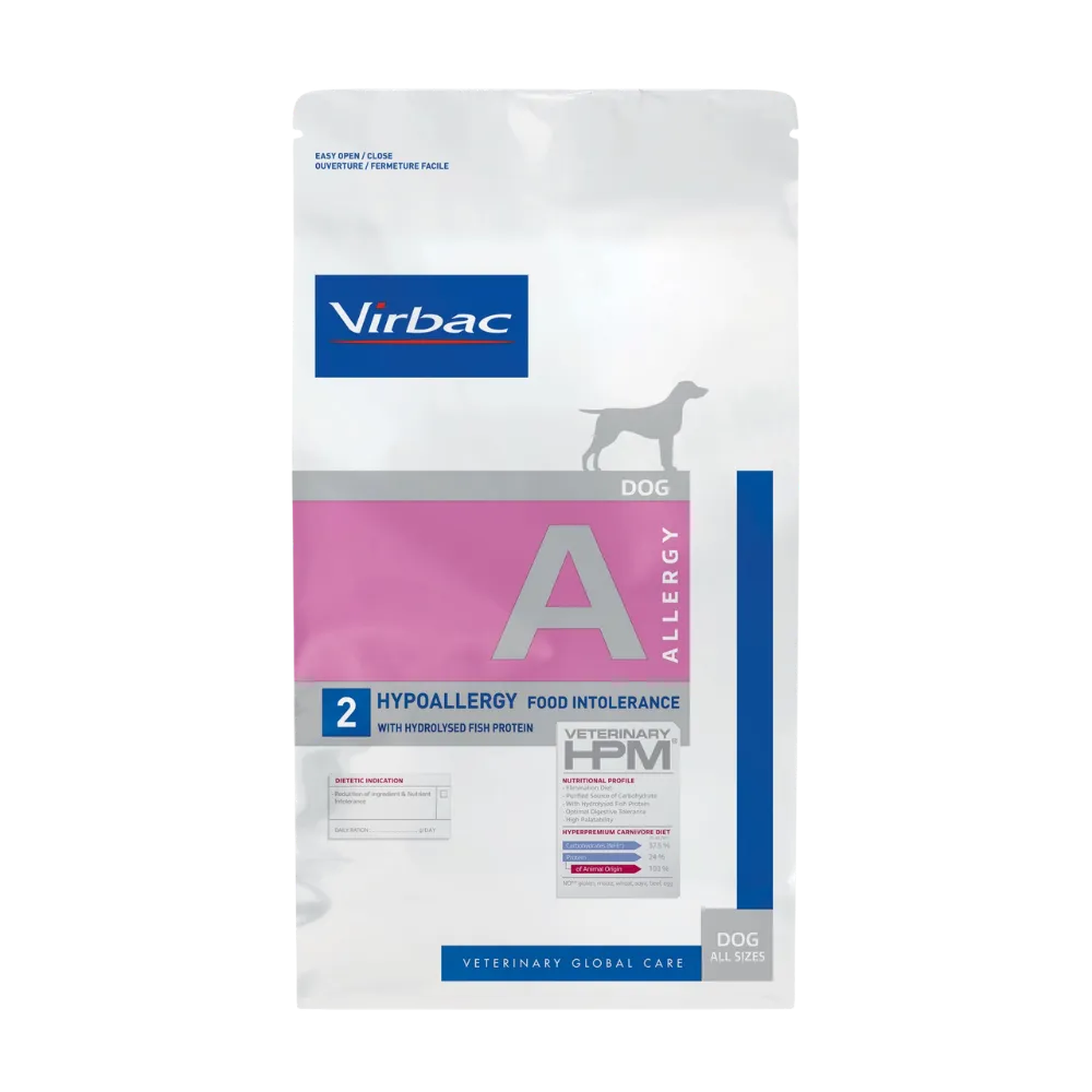 A white bag of Virbac Veterinary HPM Dog Allergy 2 Hypoallergy Food Intolerance dry dog food, featuring hydrolysed fish protein for dogs of all sizes.