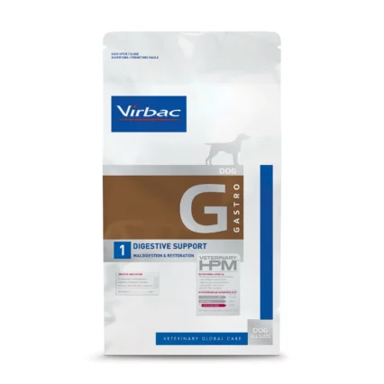Bag of Virbac HPM G1 Gastro Digestive Support dog food, designed to treat maldigestion, stomach upsets, and promote fast nutritional recovery in dogs.