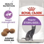 A bag of Royal Canin Sterilised 37 Cat Food, featuring active weight management and an adapted kibble size for sterilized adult cats.