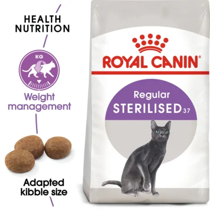 A bag of Royal Canin Sterilised 37 Cat Food, featuring active weight management and an adapted kibble size for sterilized adult cats.
