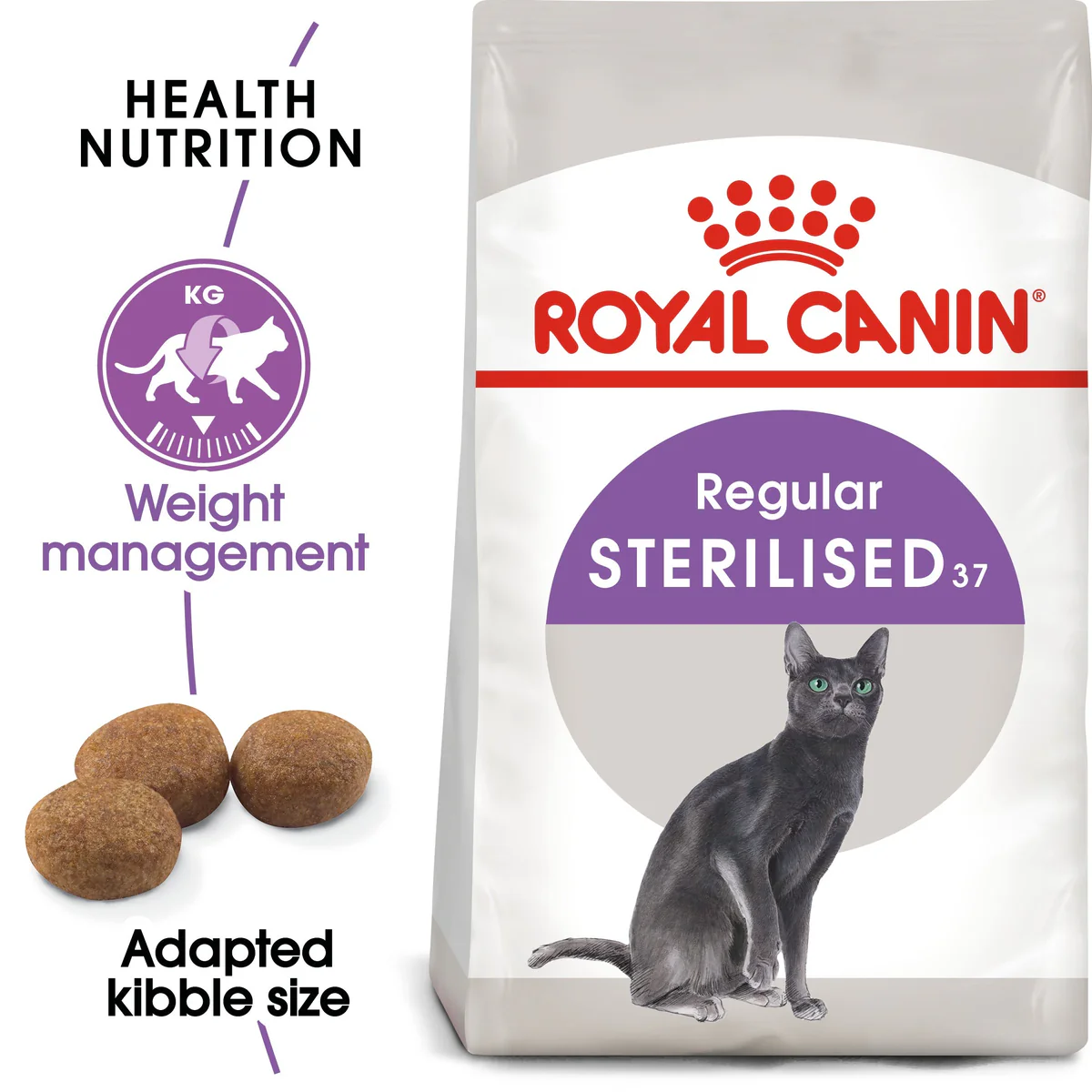 A bag of Royal Canin Sterilised 37 Cat Food, featuring active weight management and an adapted kibble size for sterilized adult cats.