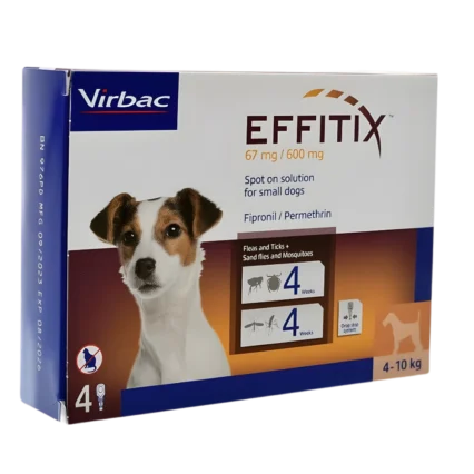 A box of Virbac Effitix Small Dog (4 - 10 kg), a topical spot-on to kill fleas, ticks, and repel mosquitoes.