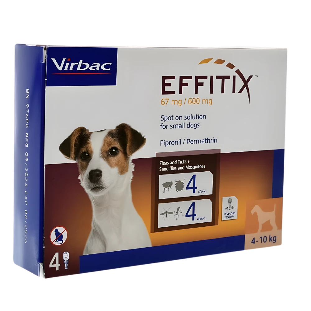 A box of Virbac Effitix Small Dog (4 - 10 kg), a topical spot-on to kill fleas, ticks, and repel mosquitoes.