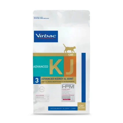 A bag of Virbac KJ3 Kidney & Joint Cat Food, an advanced veterinary diet formulated for cats with chronic kidney disease and osteoarthritis.