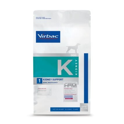 A bag of Virbac K1 Kidney Support Dog Food, specifically formulated with low phosphorus to support renal function and manage Chronic Kidney Disease in dogs.