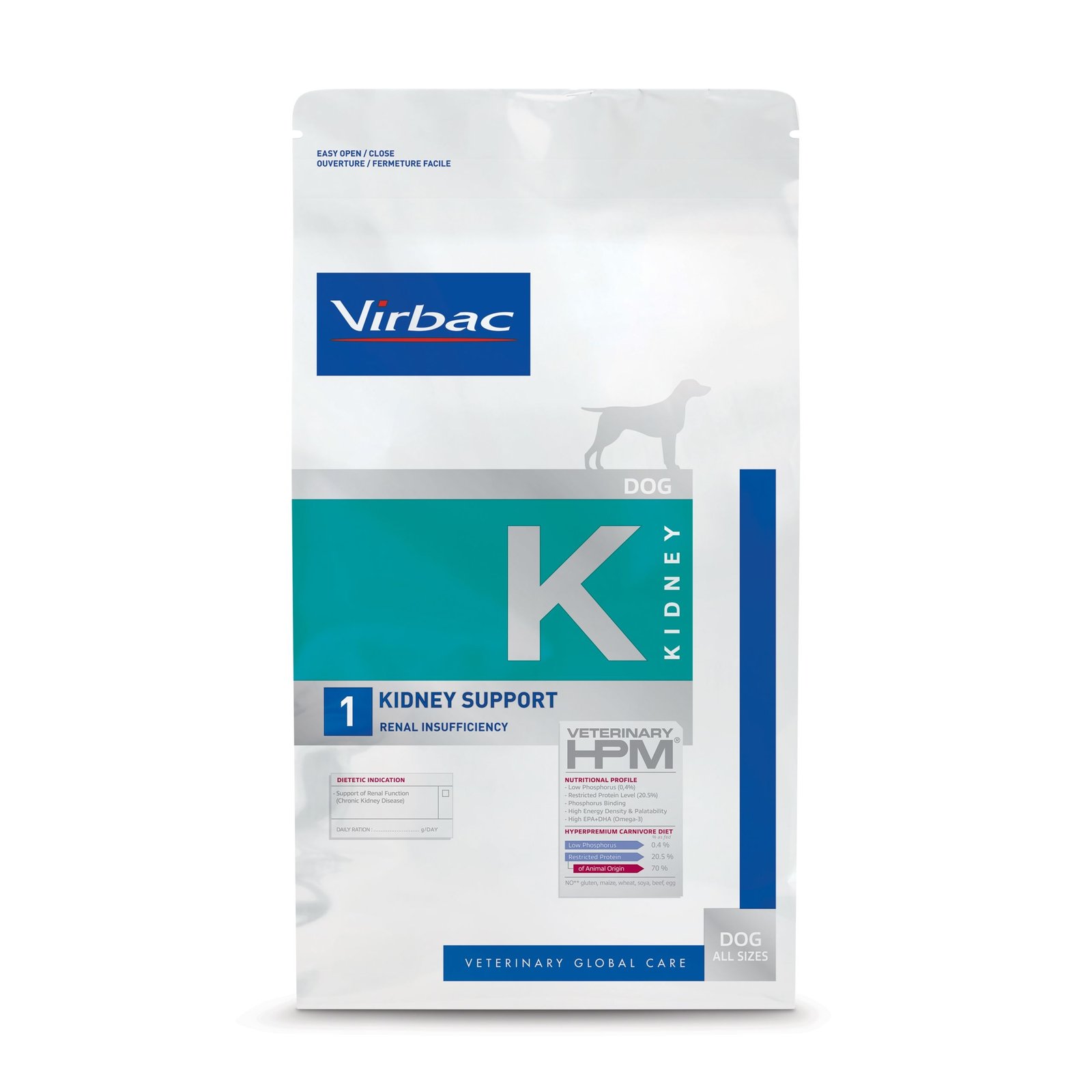A bag of Virbac K1 Kidney Support Dog Food, specifically formulated with low phosphorus to support renal function and manage Chronic Kidney Disease in dogs.