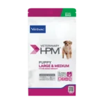 A recyclable bag of Virbac HPM Puppy Large & Medium Food, a high-protein carnivore diet formulated for the healthy growth, bone support, and immunity of large and medium breed puppies.
