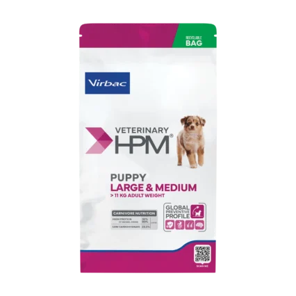 A recyclable bag of Virbac HPM Puppy Large & Medium Food, a high-protein carnivore diet formulated for the healthy growth, bone support, and immunity of large and medium breed puppies.