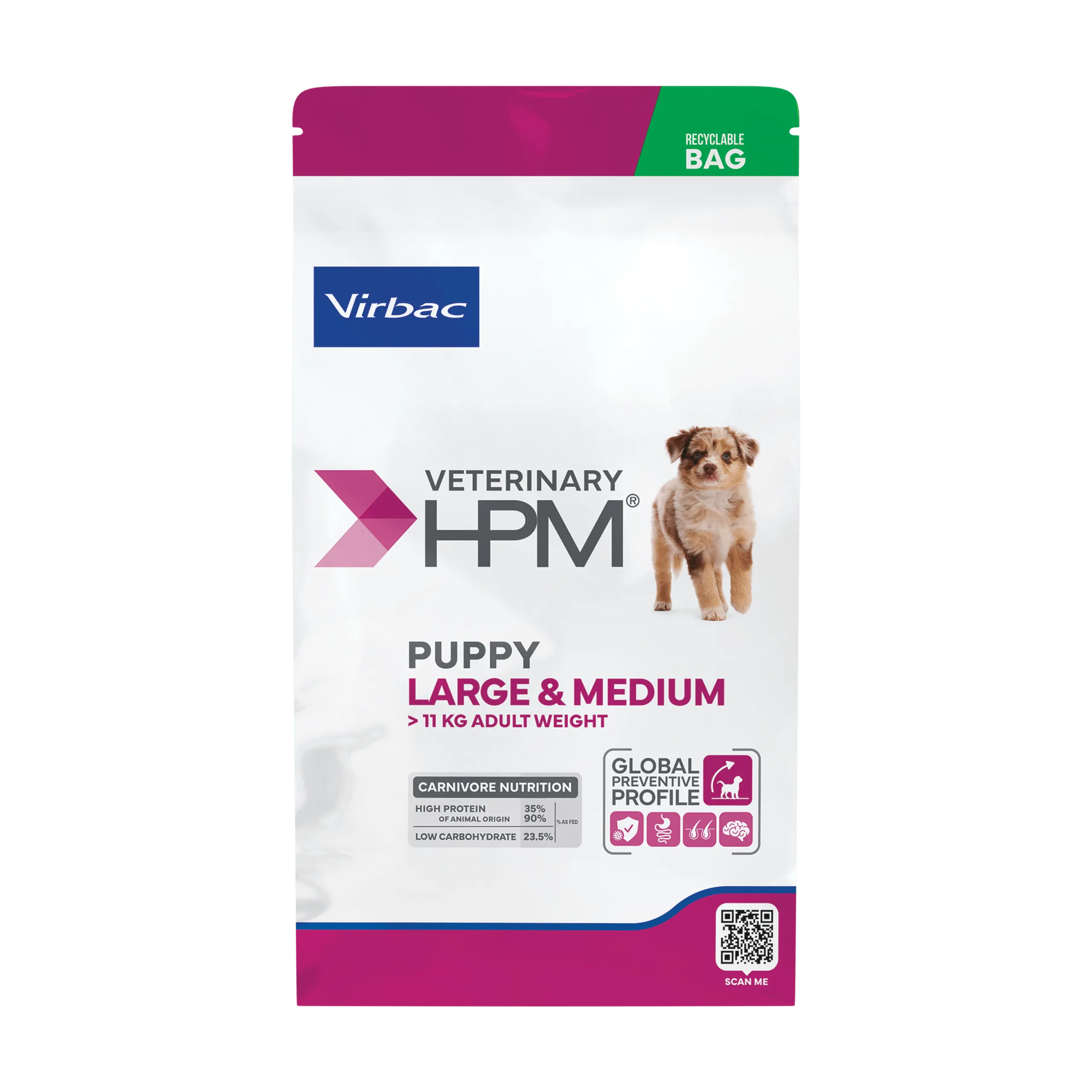 A recyclable bag of Virbac HPM Puppy Large & Medium Food, a high-protein carnivore diet formulated for the healthy growth, bone support, and immunity of large and medium breed puppies.